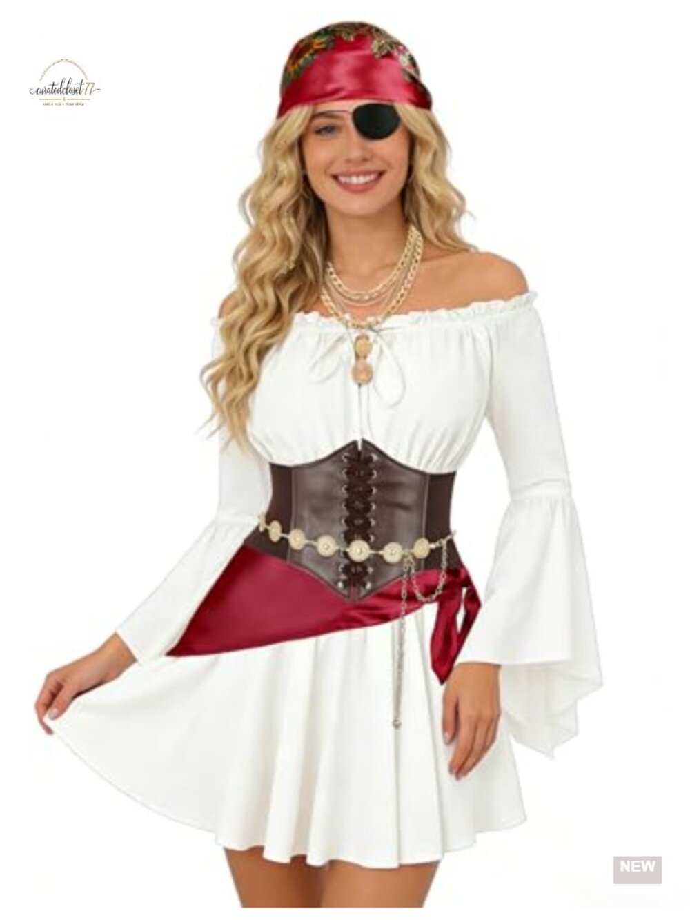 8-Piece Adult Women Pirate Costume Set Off-Shoulder Dress Corset Belt - Picture 6 of 6